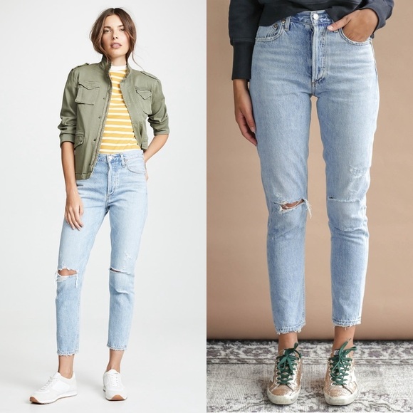 AGOLDE 90s High Rise Distressed Light Wash Denim Button Fly Straight Leg Jean 26 - Picture 5 of 14